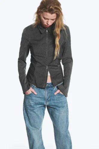 Camisa entallada de manga larga con cremallera – Rayas gris oscuro jaspeado