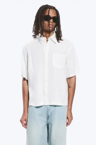 Camisa holgada de manga corta en mezcla de lino – Blanco roto