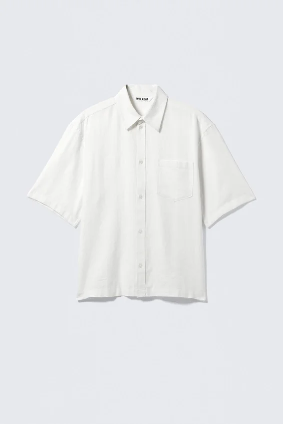 Camisa holgada de manga corta en mezcla de lino – Blanco roto Camisa holgada de manga corta en mezcla de lino – Blanco roto