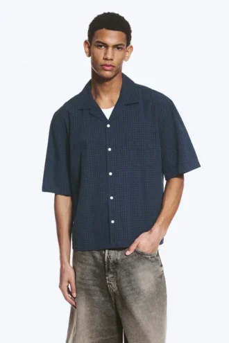 Camisa holgada de pantalón corto estilo resort – A cuadros azul oscuro