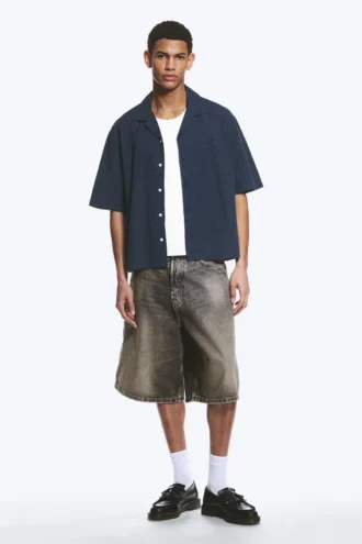 Camisa holgada de pantalón corto estilo resort – A cuadros azul oscuro