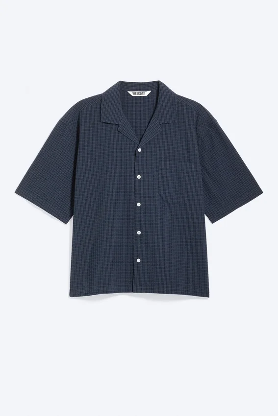 Camisa holgada de pantalón corto estilo resort – A cuadros azul oscuro Camisa holgada de pantalón corto estilo resort – A cuadros azul oscuro