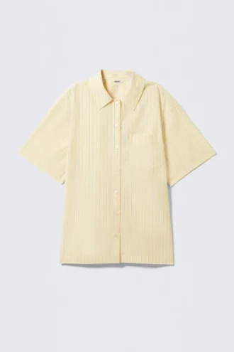 Camisa oversize de popelín de algodón de manga corta – Rayas amarillo claro