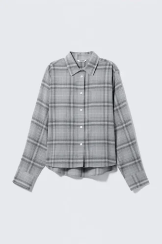 Camisas cortas de algodón con botones – Cuadros azul empolvado