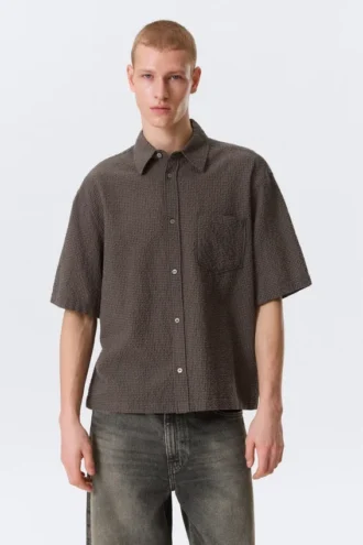 Camisas de algodón de corte recto y manga corta – A cuadros marrón