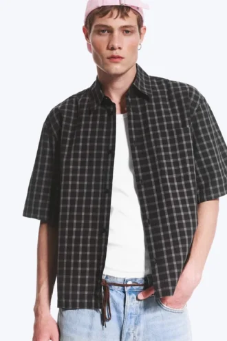 Camisas de algodón de corte recto y manga corta – A cuadros negros