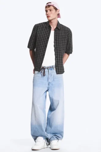 Camisas de algodón de corte recto y manga corta – A cuadros negros