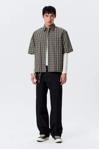 Camisas de algodón de corte recto y manga corta – Beige – Cuadros azul marino