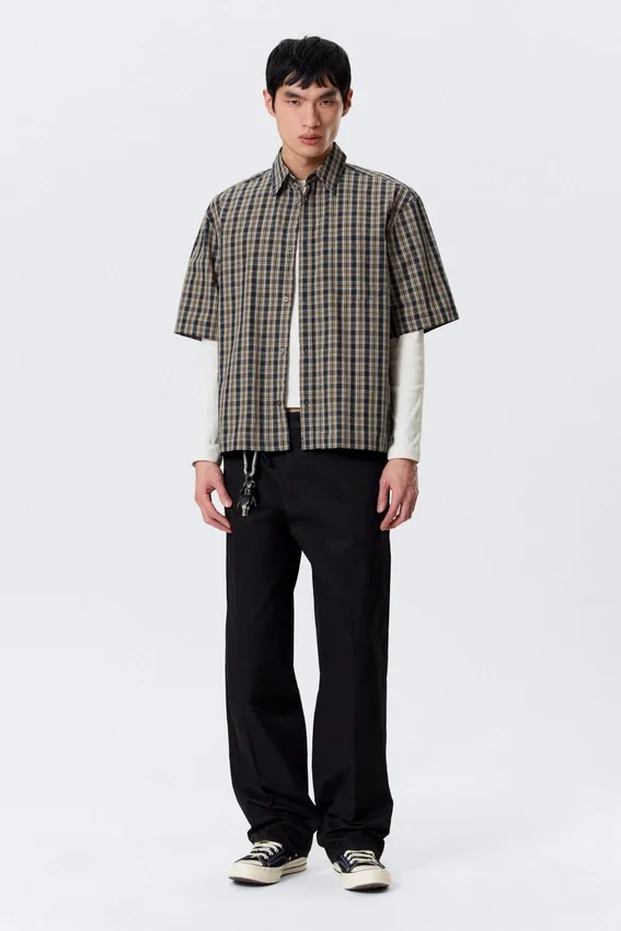 Camisas de algodón de corte recto y manga corta – Beige – Cuadros azul marino Camisas de algodón de corte recto y manga corta – Beige – Cuadros azul marino