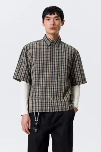 Camisas de algodón de corte recto y manga corta – Beige – Cuadros azul marino