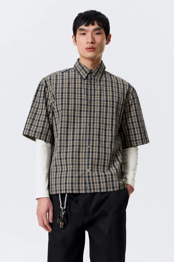 Camisas de algodón de corte recto y manga corta – Beige – Cuadros azul marino Camisas de algodón de corte recto y manga corta – Beige – Cuadros azul marino