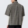 Camisas de algodón de corte recto y manga corta – Beige – Cuadros azul marino Camisas de algodón de corte recto y manga corta – Beige – Cuadros azul marino