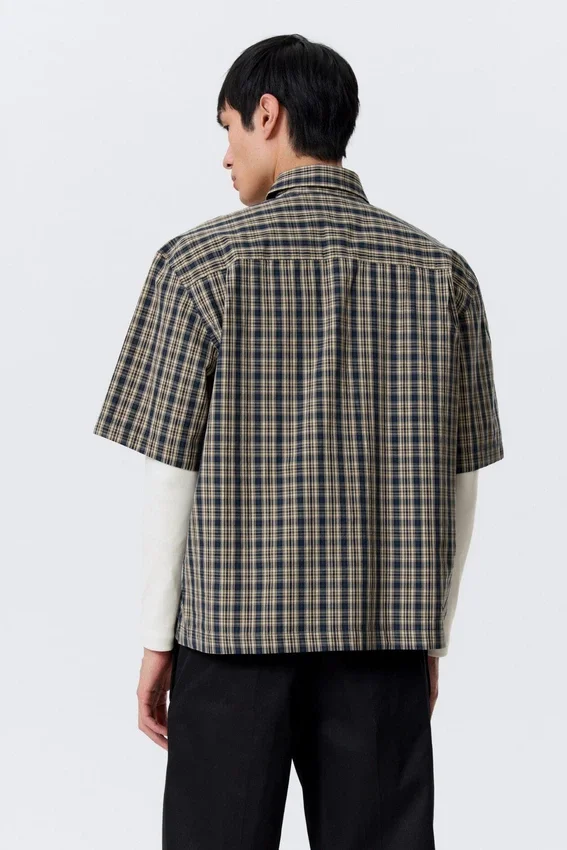Camisas de algodón de corte recto y manga corta – Beige – Cuadros azul marino Camisas de algodón de corte recto y manga corta – Beige – Cuadros azul marino