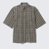Camisas de algodón de corte recto y manga corta – Beige – Cuadros azul marino Camisas de algodón de corte recto y manga corta – Beige – Cuadros azul marino