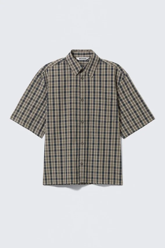 Camisas de algodón de corte recto y manga corta – Beige – Cuadros azul marino Camisas de algodón de corte recto y manga corta – Beige – Cuadros azul marino