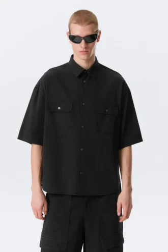 Camisas de algodón de corte recto y manga corta – Negro