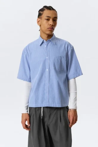 Camisas de algodón de corte recto y manga corta – Rayas azules y blancas