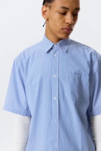 Camisas de algodón de corte recto y manga corta – Rayas azules y blancas