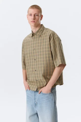 Camisas de corte recto y manga corta – Beige a cuadros