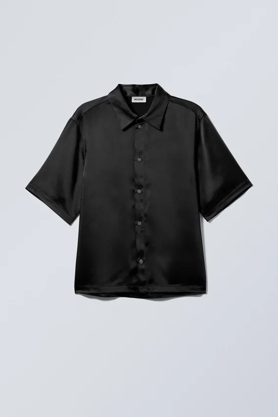 Camisas de manga corta de satén brillante – Negro Camisas de manga corta de satén brillante – Negro