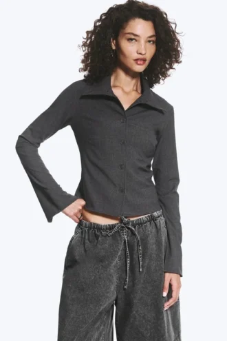 Camisas de manga larga con botones – Gris oscuro jaspeado