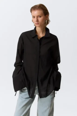 Camisas de manga larga con la espalda abierta y lazo – Negro