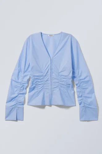 Camisas de popelín fruncidas con cuello en V – Azul claro
