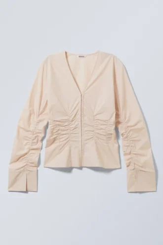 Camisas de popelín fruncidas con cuello en V – Beige