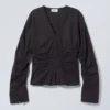 Camisas de popelín fruncidas con cuello en V – Negro