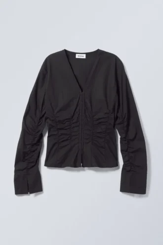 Camisas de popelín fruncidas con cuello en V – Negro