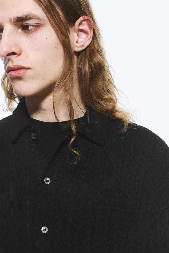 Camisas de punto de manga corta con botones – Negro Camisas de punto de manga corta con botones – Negro