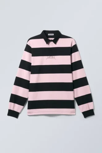 Camisas de rugby de corte holgado a rayas – Rayas rosa claro y negro