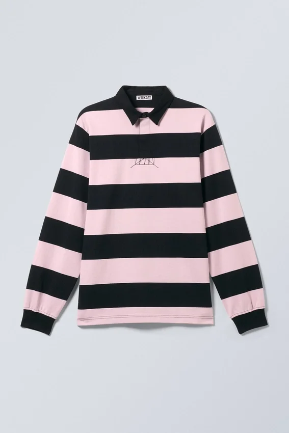 Camisas de rugby de corte holgado a rayas – Rayas rosa claro y negro Camisas de rugby de corte holgado a rayas – Rayas rosa claro y negro