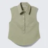 Camisas de sarga de algodón con mangas casquillo – Verde caqui Camisas de sarga de algodón con mangas casquillo – Verde caqui