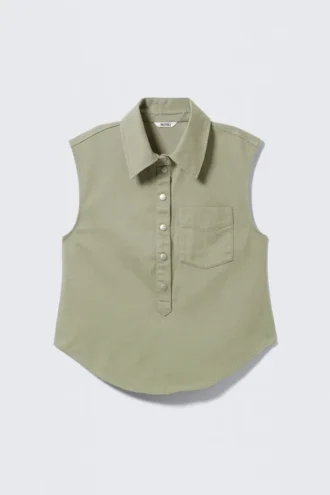 Camisas de sarga de algodón con mangas casquillo – Verde caqui