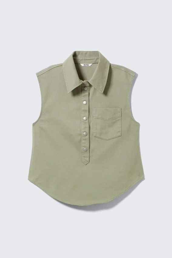 Camisas de sarga de algodón con mangas casquillo – Verde caqui Camisas de sarga de algodón con mangas casquillo – Verde caqui