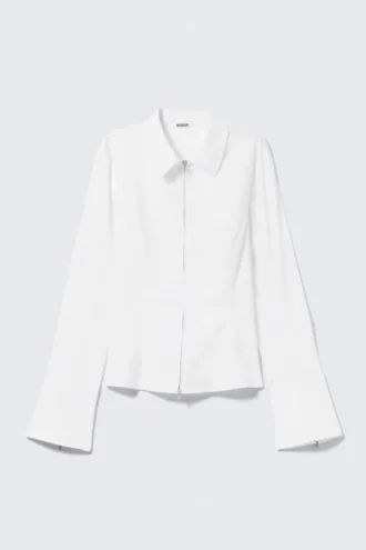 Camisas entalladas de manga larga con cremallera – Blanca