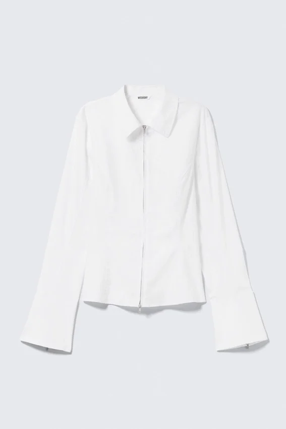 Camisas entalladas de manga larga con cremallera – Blanca Camisas entalladas de manga larga con cremallera – Blanca