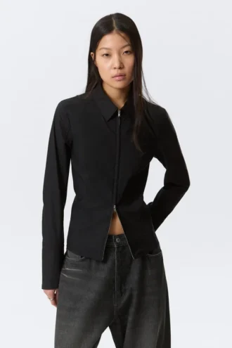 Camisas entalladas de manga larga con cremallera – Negro