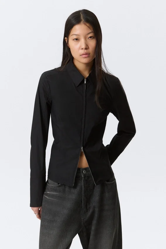 Camisas entalladas de manga larga con cremallera – Negro Camisas entalladas de manga larga con cremallera – Negro