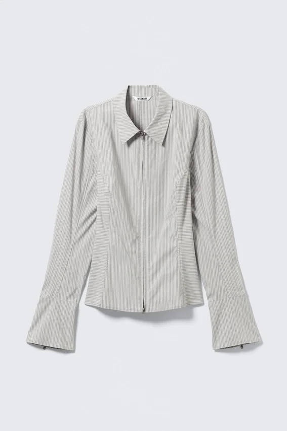 Camisas entalladas de manga larga con cremallera – Rayas gris claro Camisas entalladas de manga larga con cremallera – Rayas gris claro