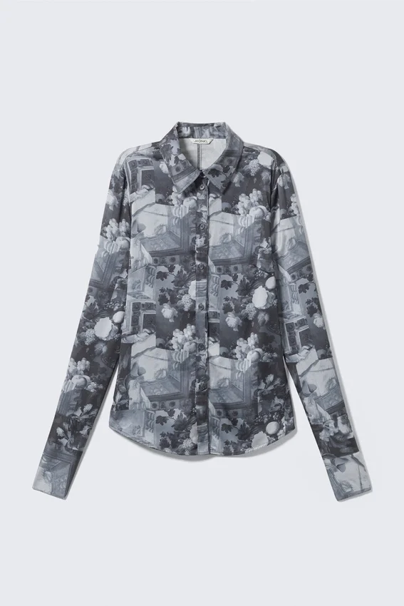 Camisas entalladas estampadas con botones – Gris oscuro – Collage floral Camisas entalladas estampadas con botones – Gris oscuro – Collage floral
