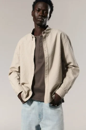 Camisas holgadas a rayas con botones – Beige a rayas