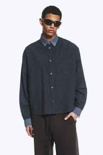Camisas holgadas de algodón a cuadros – Gris a cuadros – Denim en contraste