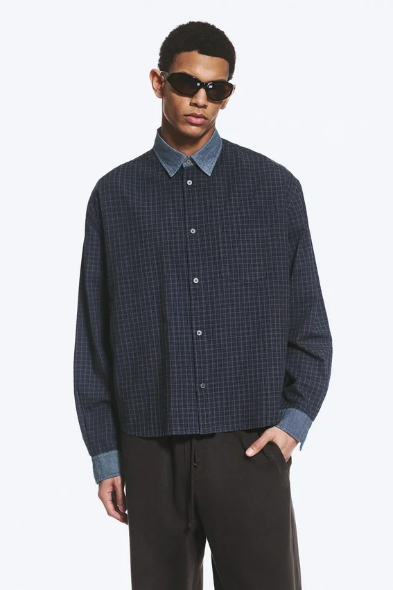 Camisas holgadas de algodón a cuadros – Gris a cuadros – Denim en contraste Camisas holgadas de algodón a cuadros – Gris a cuadros – Denim en contraste