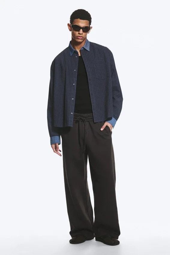 Camisas holgadas de algodón a cuadros – Gris a cuadros – Denim en contraste Camisas holgadas de algodón a cuadros – Gris a cuadros – Denim en contraste