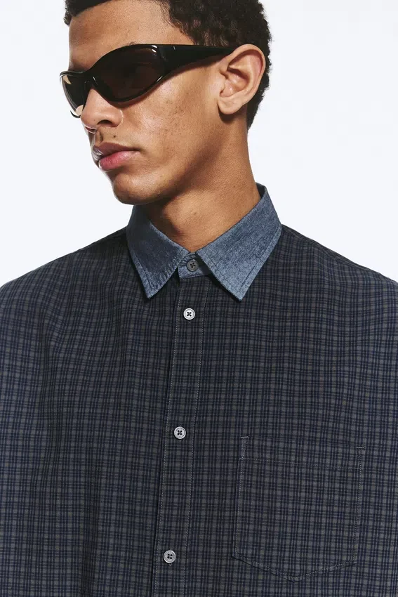Camisas holgadas de algodón a cuadros – Gris a cuadros – Denim en contraste Camisas holgadas de algodón a cuadros – Gris a cuadros – Denim en contraste