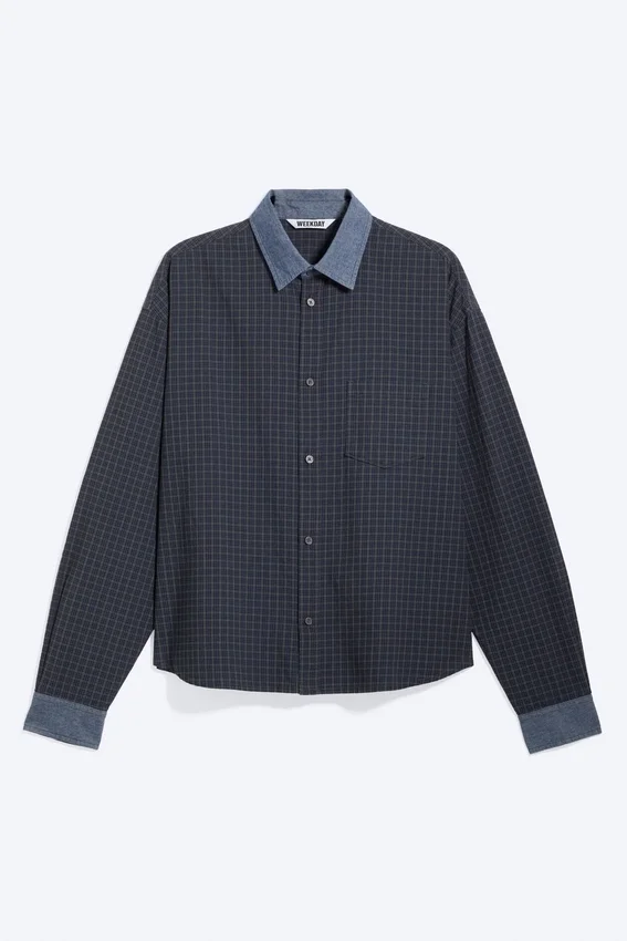 Camisas holgadas de algodón a cuadros – Gris a cuadros – Denim en contraste Camisas holgadas de algodón a cuadros – Gris a cuadros – Denim en contraste