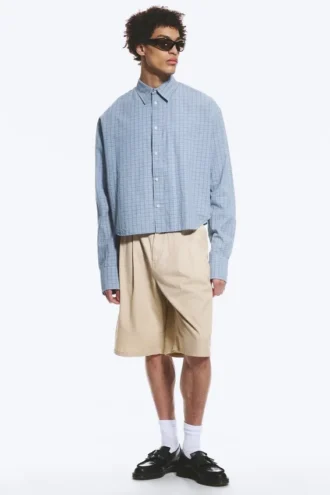 Camisas holgadas de algodón – Azul empolvado – A cuadros