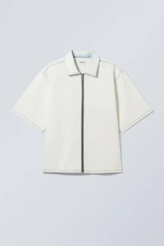 Camisas holgadas de denim de pantalones cortos con cremallera – Azul moteado